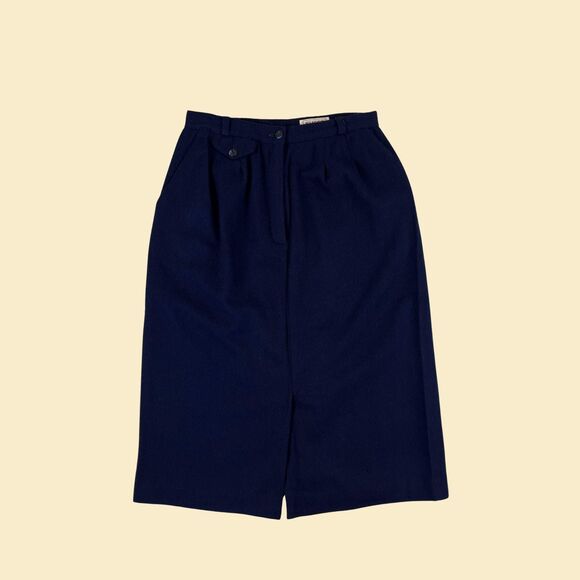 1970s wool midi skirt by Slices, size 13 vintage blue skirt w/ front pocket - Picture 2 of 10
